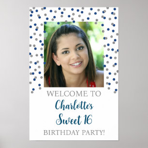 Póster Dulce azul plateado 16 Personalizado de cumpleaños