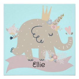Póster Dulce Baby Elephant Unicorn Nombre Personalizado