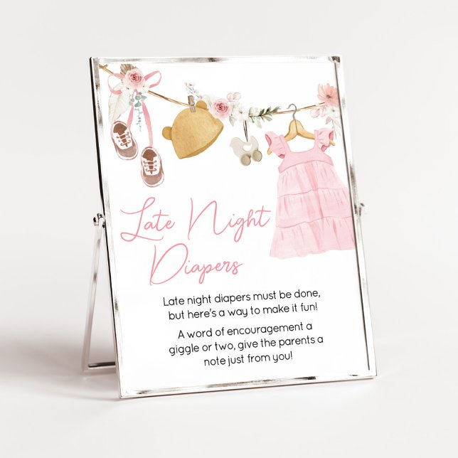 Póster Dulce Bebé Chica Boho Ropa Tarde Noche Diapers (Sweet Baby Girl Boho Clothes Baby Shower Late Night Diapers Sign)