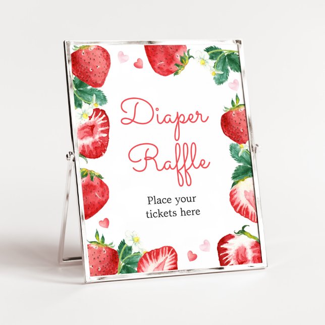 Póster Dulce Bebe de Fresa Fiesta de Pañales (A Berry Sweet Strawberry Baby Shower Diaper Raffle Sign)