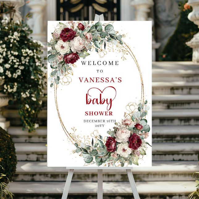 Póster Dulce Bienvenida al Baby Shower Boho de Borgoña (Sweet Bohemian Burgundy Baby Shower Welcome)