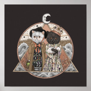 Póster Dulce Brujas Gatos Cottagecore Vintage Halloween
