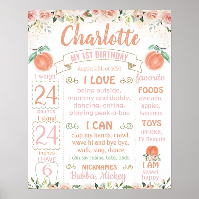 Póster Dulce como melocotón Primer hito de cumpleaños (Frente)