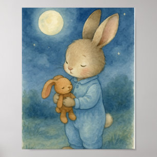 Póster Dulce Conejo Dormilón & Teddy Acuarela a la Luz de