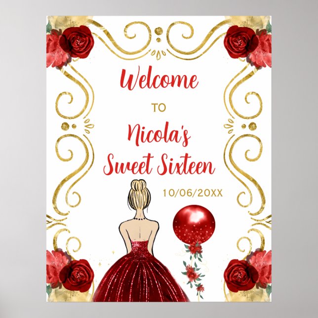 Póster Dulce Dieciséis Princesa Dorada Bienvenida Roja (Frente)