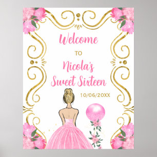 Póster Dulce Dieciséis Princesa Dorada Bienvenida Rosa