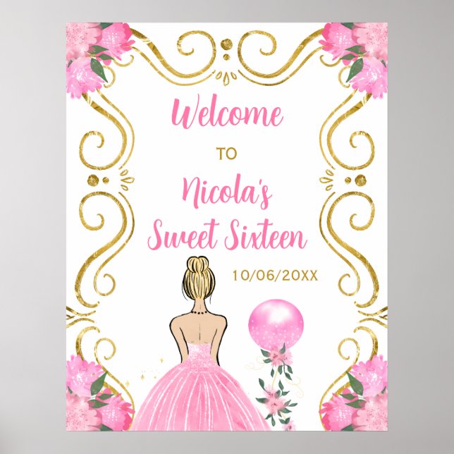 Póster Dulce Dieciséis Princesa Dorada Bienvenida Rosa (Frente)