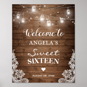 Póster Dulce Dieciséis Rótulos Rústico de cuerda de mader