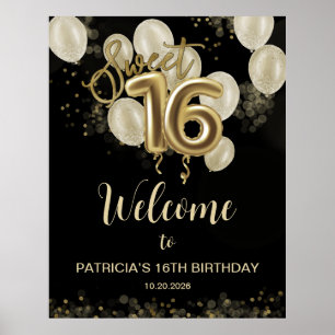 Póster Dulce dorado 16 globos Bday Signo de bienvenida ne