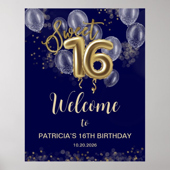 Póster Dulce dorado 16 globos Signo de bienvenida azul re (Frente)