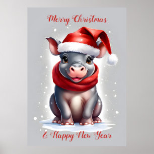 Póster Dulce dulce Hippopótamo Santa Hat Año Nuevo