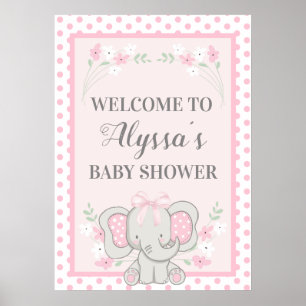 Póster Dulce Elefante Rosa Lunares Flores Baby Shower