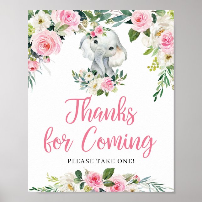Póster Dulce Elefante rosa rosa floral gracias por venir (Frente)