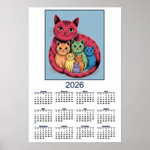Póster Dulce familia de gatos Calendario 2026 de gatos