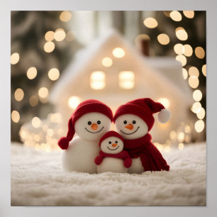 Póster Dulce familia de muñeco de nieve invierno Navidad
