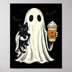 Póster Dulce fantasma de Halloween sosteniendo gato negro