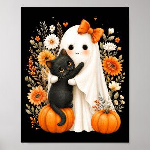 Póster Dulce Fantasma Gato Negro Calabaza Floral de Hallo