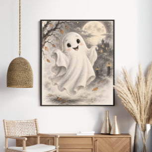 Póster Dulce Fantasma Vintage de Halloween Bajo Luna Llen