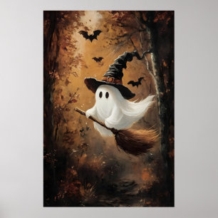 Póster Dulce Fantasma Volando En Una Escoba De Bruja En O
