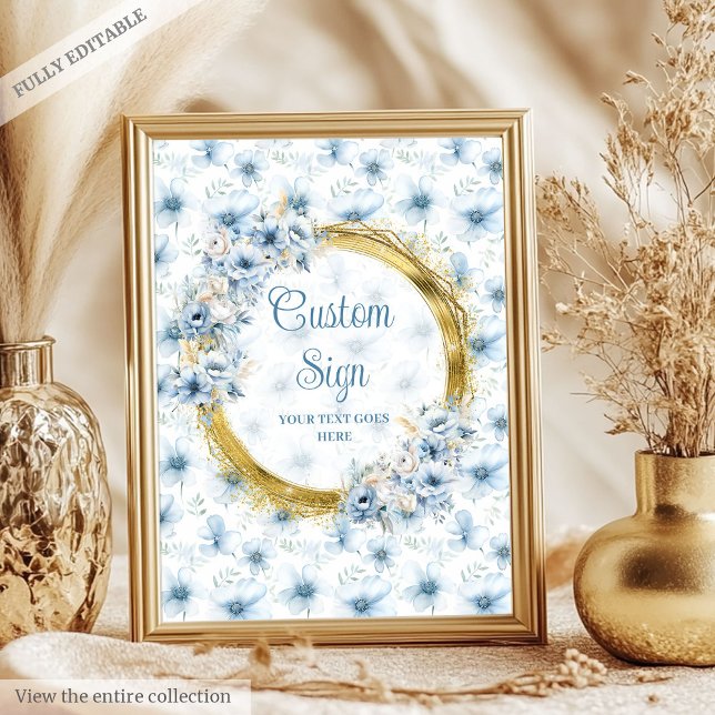 Póster Dulce flor azul pastel oro boho signo personalizad (Sweet pastel blue flowers gold boho custom sign)