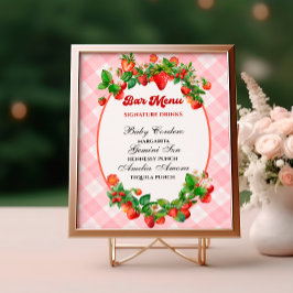 Póster Dulce Fresa Rosa Gingham Bar Menú Ducha