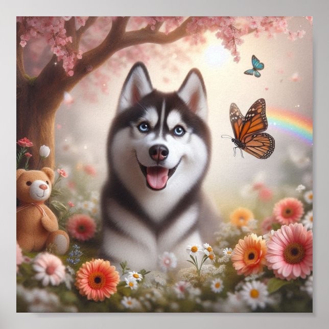 Póster Dulce Husky con una sonrisa brillante (Frente)