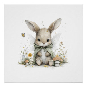 Póster Dulce ilustración de conejito hada en acuarela