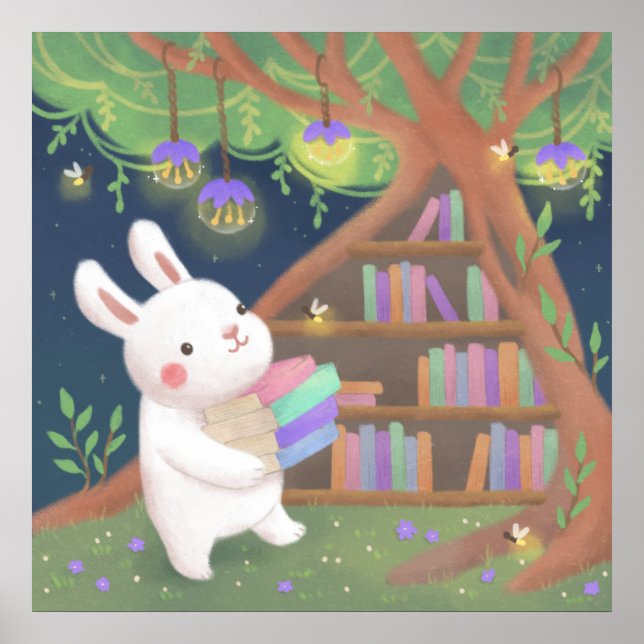 Póster Dulce ilustración de conejo adicto a los libros (Frente)