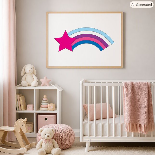 Póster Dulce ilustración de estrella rosa y arcoíris (A poster featuring a pink heart with a blue, purple and pink rainbow.)