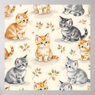 Póster Dulce Jengibre y Gatito Gris Acuarela Sin Costuras