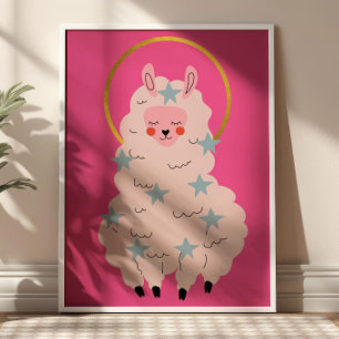 Póster Dulce Kawaii Alpaca Pastel Rosa Guardería
