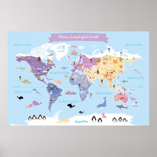 Póster Dulce Mapa Mundial de Niños con Ilustraciones (Frente)