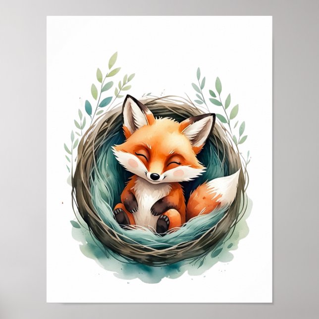Póster Dulce Nido de Zorro Durmiente Ilustración de Acuar (Frente)