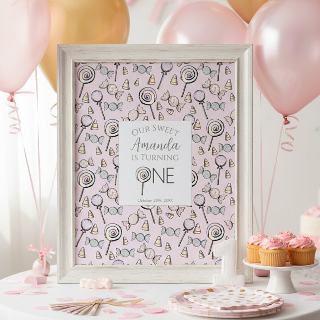 Póster Dulce Pequeño Un Candy Tema Primer Cumpleaños (Cute Pink Little One 1st Birthday Party Posters for Kids. Girly Candy & Lollipops Pattern for Her)