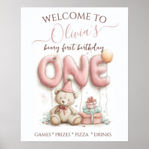 Póster Dulce primer cumpleaños con oso de peluche