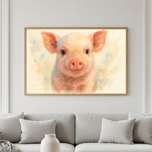 Póster Dulce retrato en acuarela de cerdito bebé