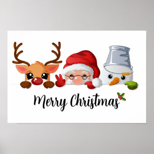 Póster Dulce Santa, Reno y Muñeco de Nieve asomándose en
