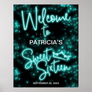 Póster Dulce signo de bienvenida de Neon Glow Verde azula