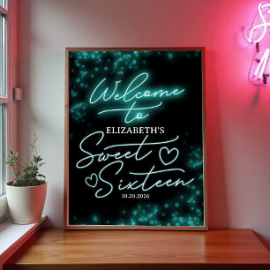 Póster Dulce signo de bienvenida de Neon Glow Verde azula