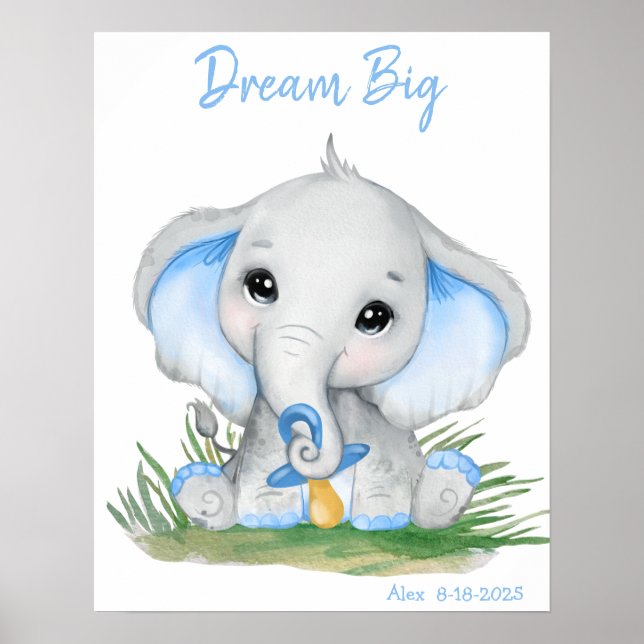 Póster Dulce Sueña Grande Elefante Azul Personalizado (Frente)