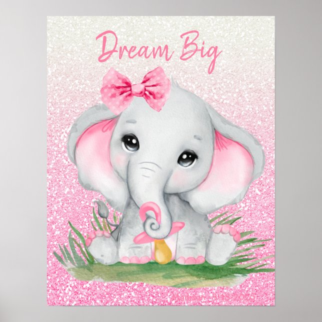 Póster Dulce Sueña Grande Elefante Niña Brillo Rosa   (Frente)