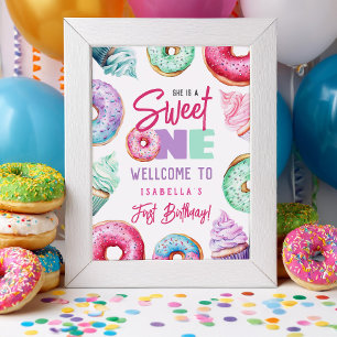 Póster Dulce un lindo Chica de Doughnut Primer cumpleaños