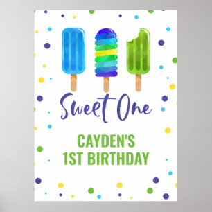 Póster Dulce Uno Cumpleaños 1 Hielo Azul Verde Paleta