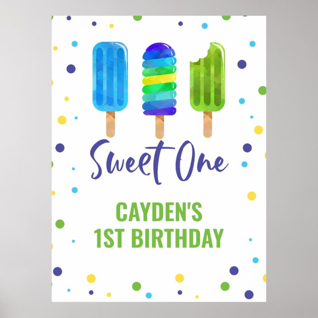 Póster Dulce Uno Cumpleaños 1 Hielo Azul Verde Paleta (Frente)