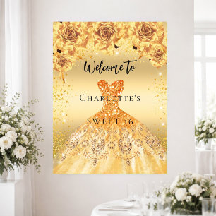 Póster Dulce vestido de oro 16 rosas fiesta bienvenida