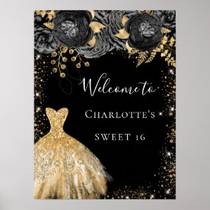 Póster Dulce vestido dorado negro 16 bienvenida con flore