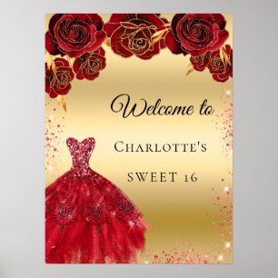 Póster Dulces 16 vestido rojo oro floral bienvenida