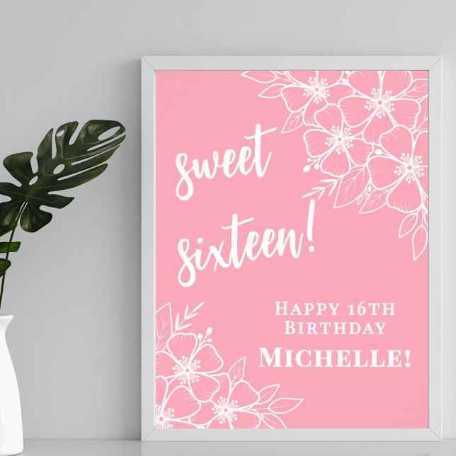 Póster Dulces Dieciséis Fiesta de Cumpleaños Rosa 16 (Sweet Sixteen Pink 16th Birthday Party Poster)