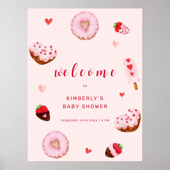Póster Dulces Donas Corazón Rosa Bienvenida Baby Shower (Frente)