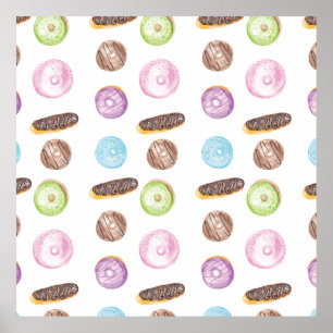 Póster Dulces Fantasías de Donas y Éclairs en Acuarela